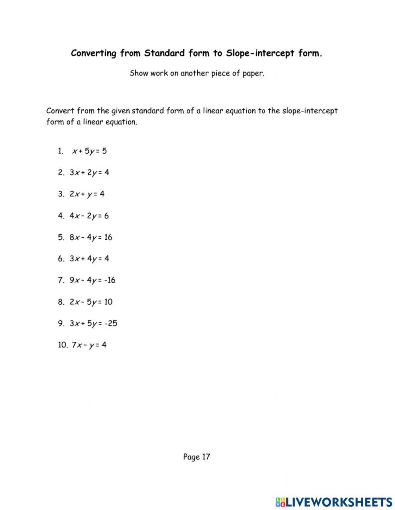 Convert Standard To Slope Intercept Form Worksheet