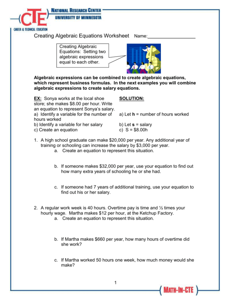 Creating Algebraic Equations Worksheet