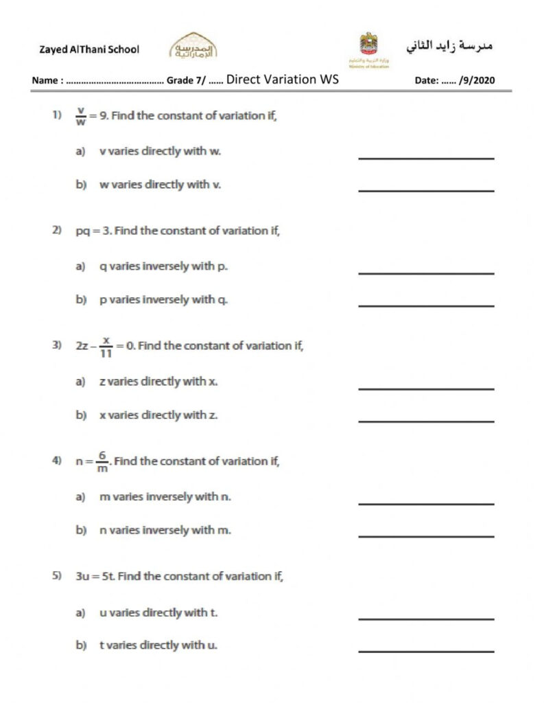 Direct Variation Worksheet Answers