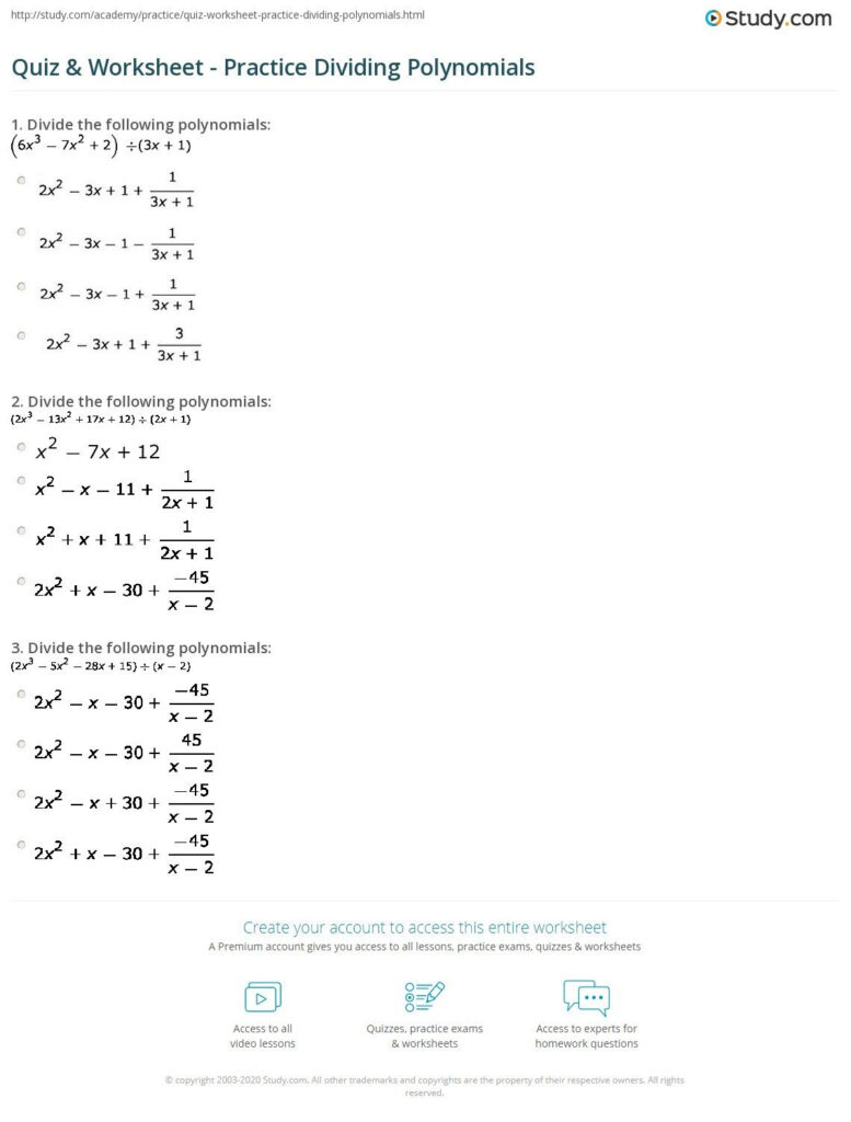 Dividing Polynomials Worksheet Answers Quiz Worksheet Practice 