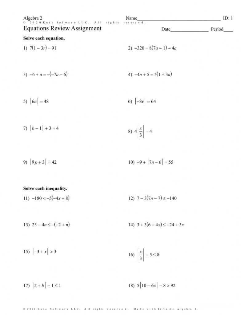 Equations And Inequalities And Absolute Value Worksheet