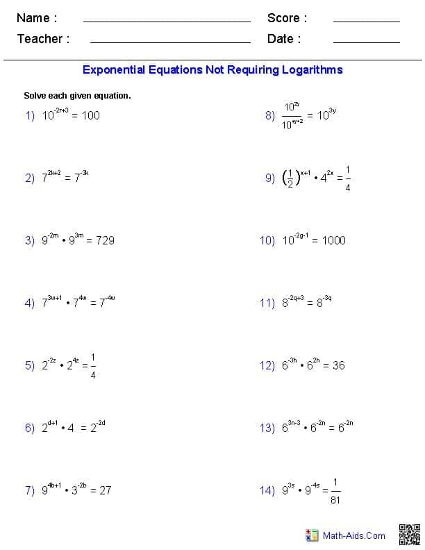 Evaluate An Exponential Function Algebra 1 Math Worksheets Free 