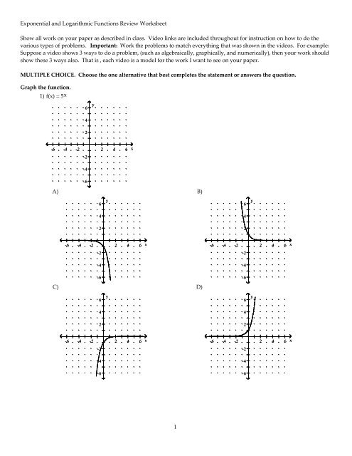Exponential And Logarithmic Functions Review Worksheet Faculty 