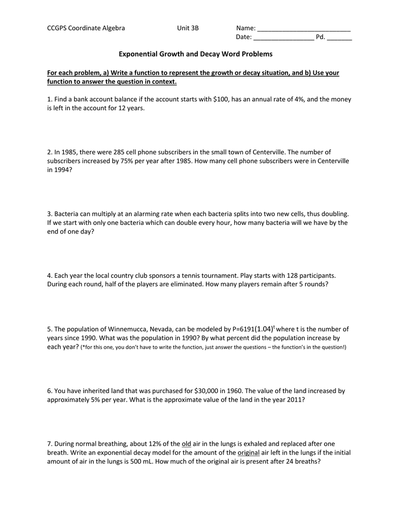 Exponential Growth And Decay Worksheet Answer Key Algebra 2 Greenus