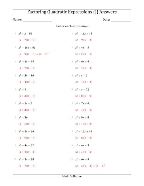 Factoring Quadratic Expressions With Positive a Coefficients Of 1 J 