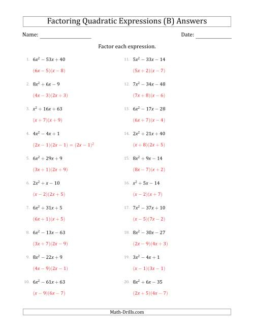 Factoring Quadratic Expressions With Positive a Coefficients Up To 9 B 