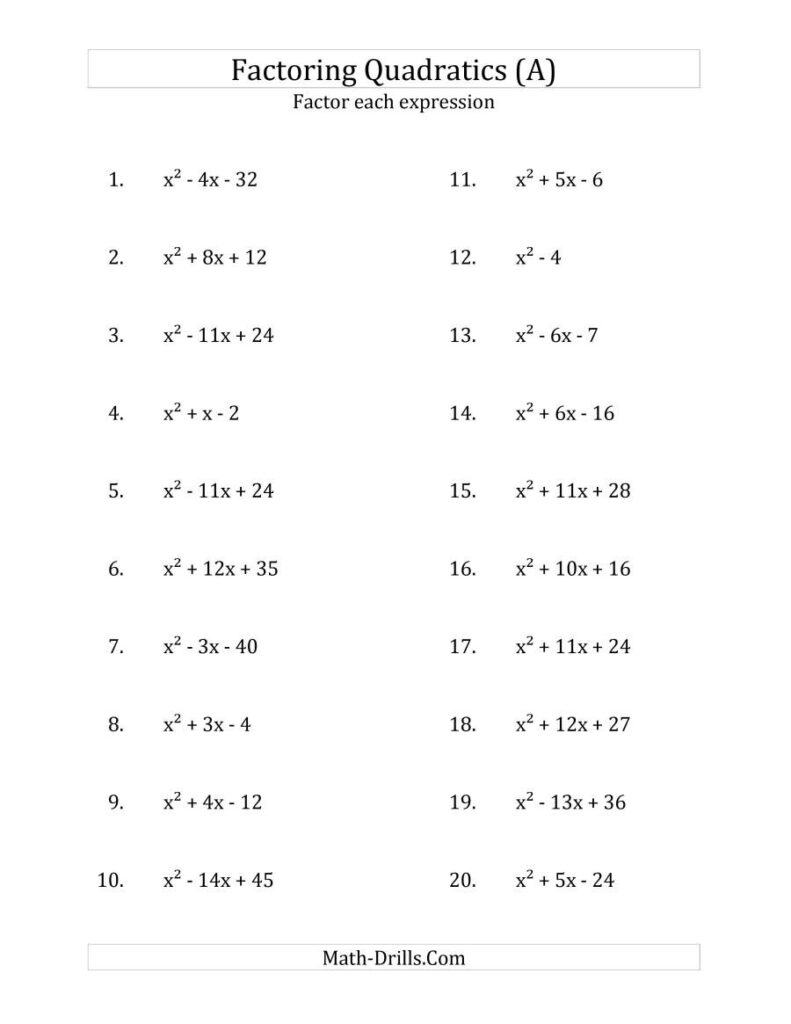 Factoring Quadratic Expressions Worksheet Answers Db excel