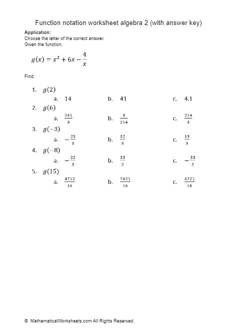 Function Notation Worksheet Algebra 2 with Answer Key 