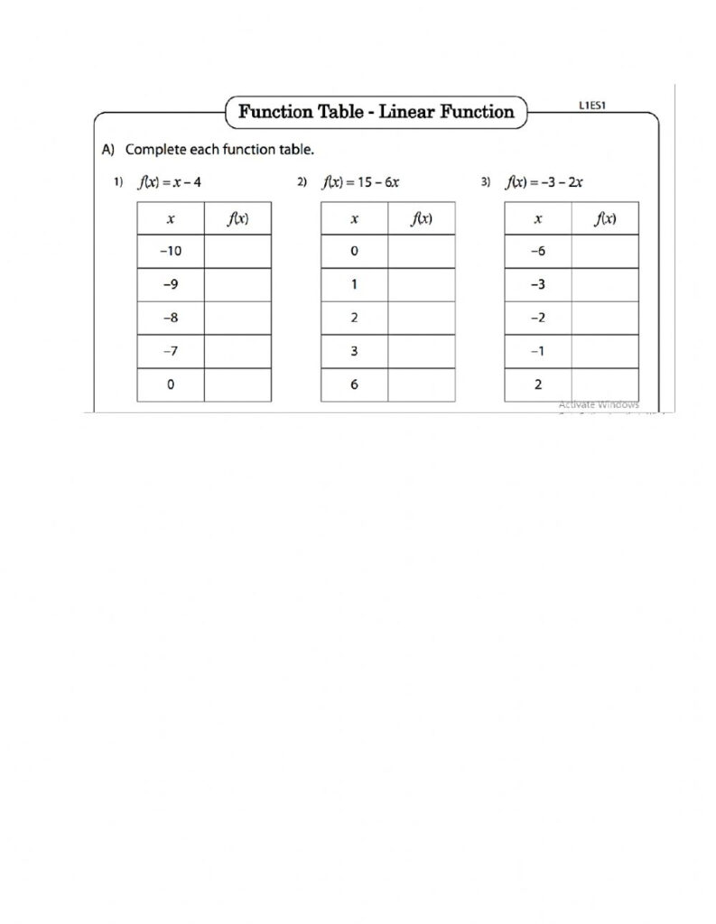 Function Table Linear Function Worksheet