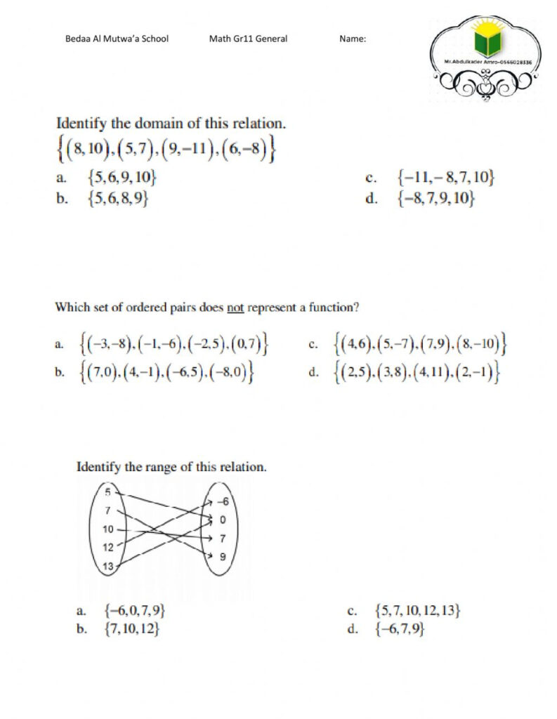 Functions And Relations Worksheet