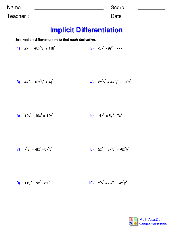 Implicit Differentiation Worksheet Derivatives Up To Product Quotient 