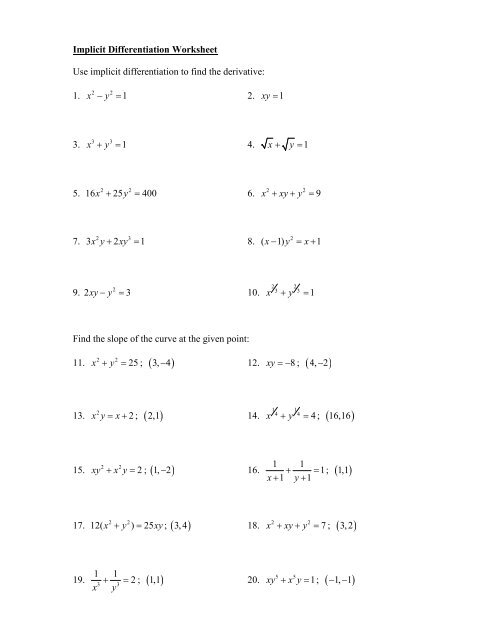 Implicit Differentiation Worksheet Pdf Thekidsworksheet