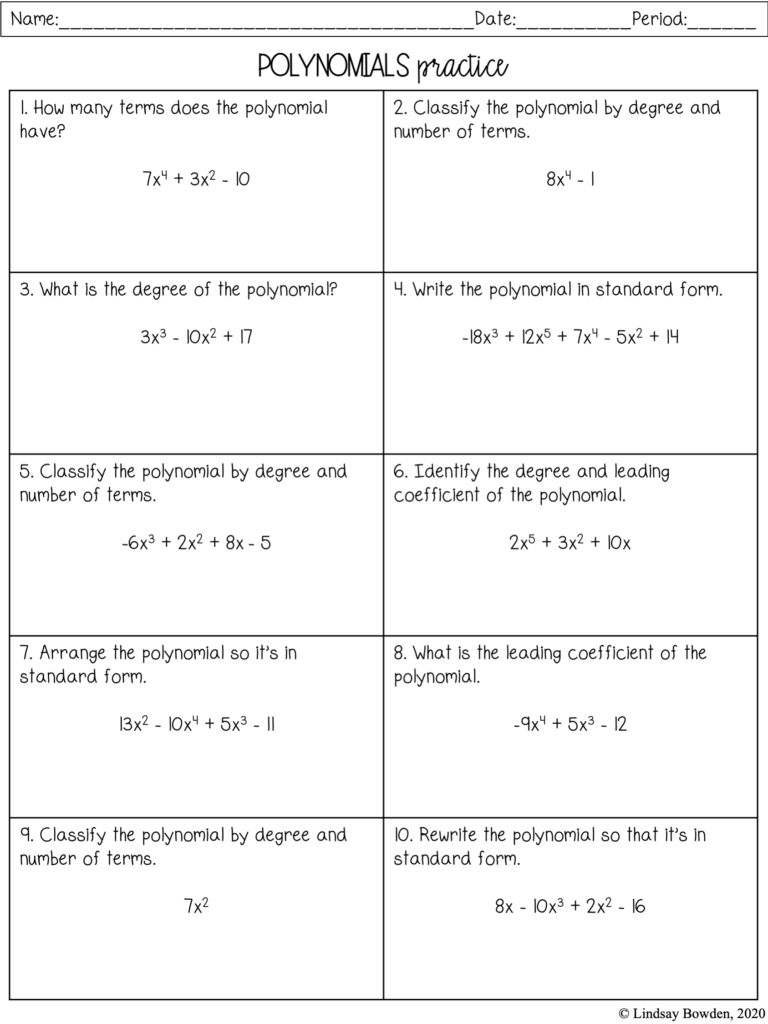 Intro To Polynomials Notes And Worksheets Lindsay Bowden