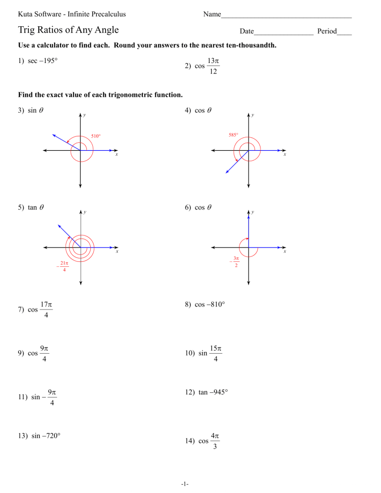 Kuta Software Infinite Precalculus Trig Ratios Of Any Angle Worksheet