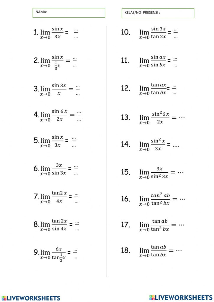 Limit Of Trigonometric Functions Worksheet