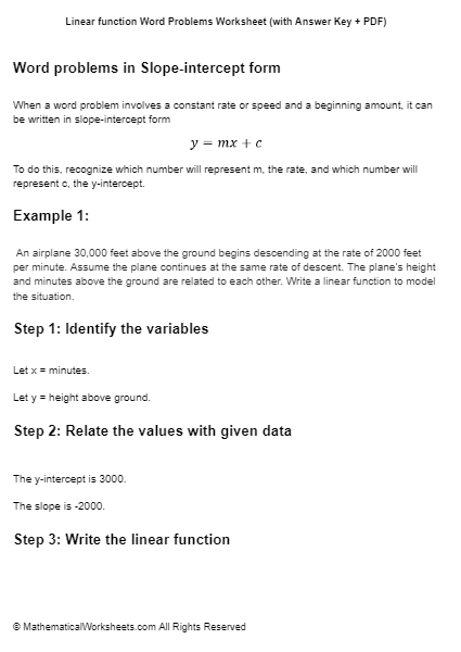 Linear Function Word Problems Worksheet with Answer Key PDF 