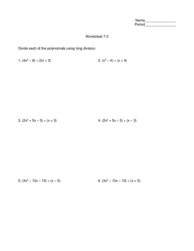 Long Division Polynomials Worksheet