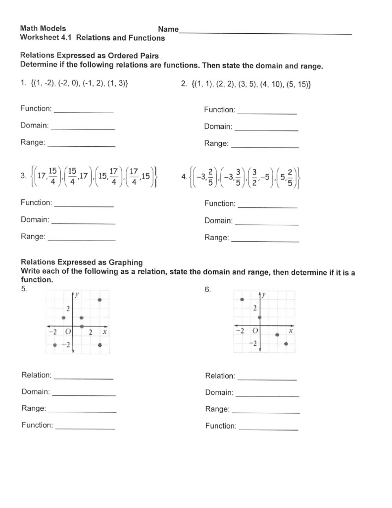Math Models Worksheet 4 1 Relations And Functions Answer Key Function 