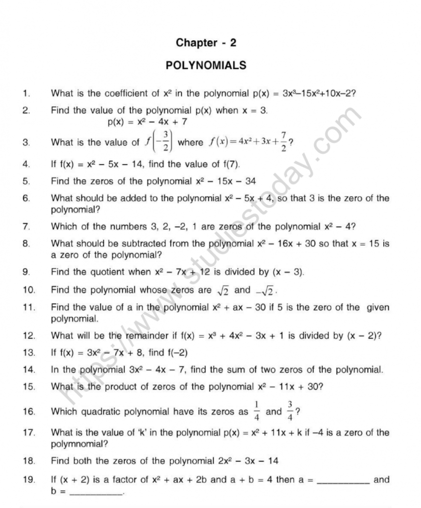Maths Worksheet For Class 10Th 4 Polynomials Class 10 Worksheet With 