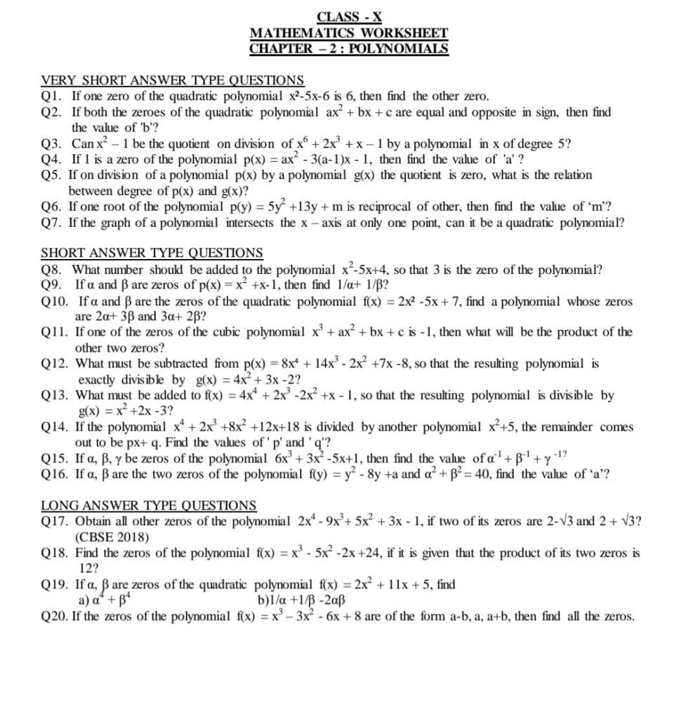 NCERT Class 10 Maths Chapter 2 Polynomials Worksheet 1