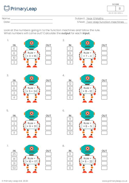 Numeracy Two Step Function Machines Worksheet PrimaryLeap co uk