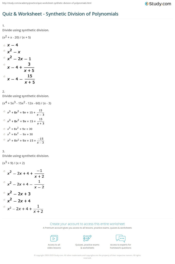 Polynomial Long Division Worksheet