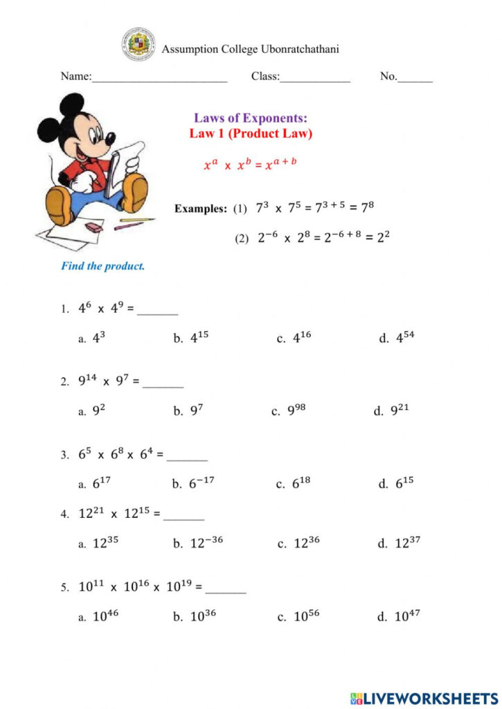 Product Rule Laws Of Exponents Worksheet Worksheet