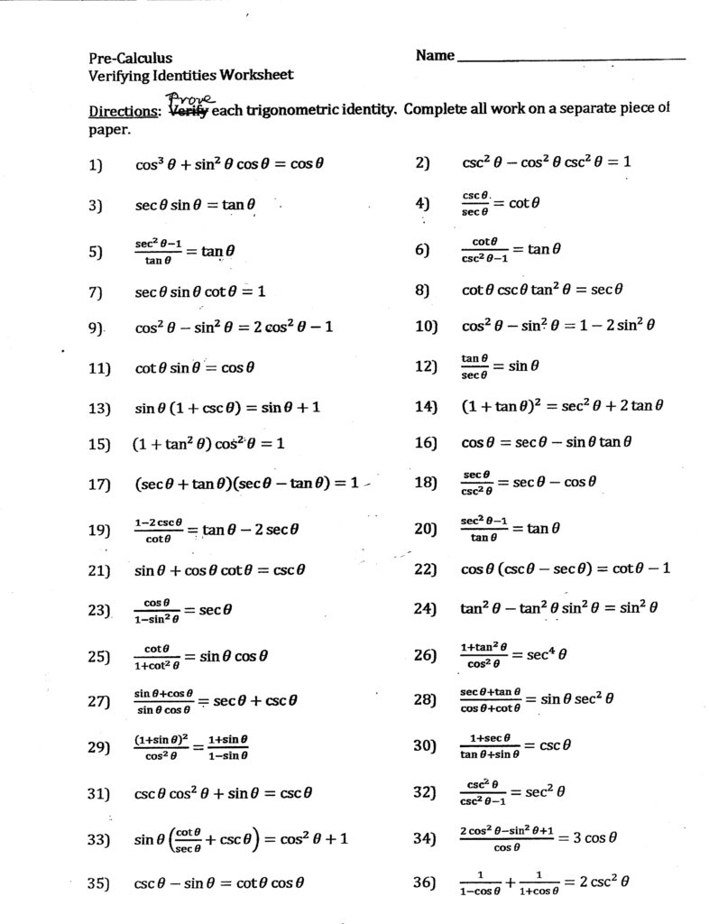 Proving Trigonometric Identities Worksheet With Answers Pdf