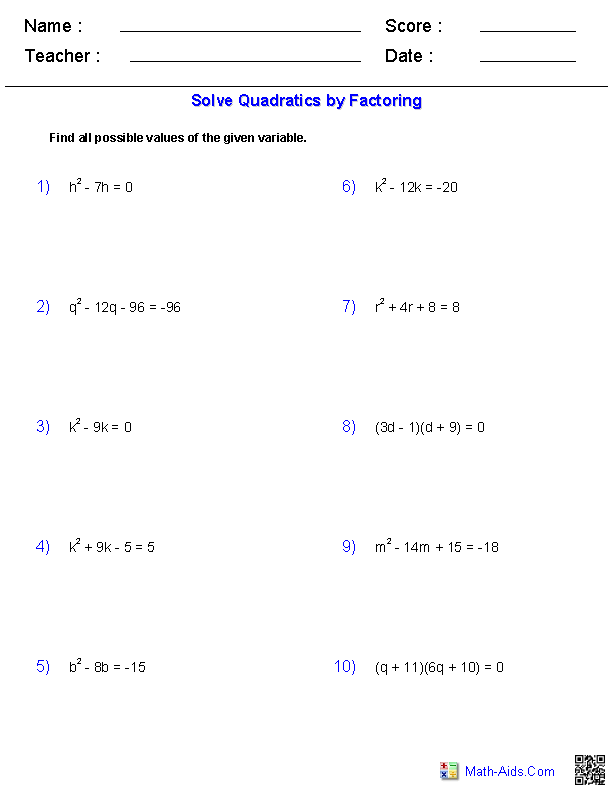 Quadratic Equation Factoring Worksheet With Answers Kidsworksheetfun