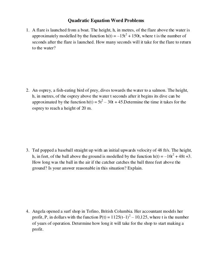 Quadratic Equation Word Problems Worksheet Quadratic Equation Word 