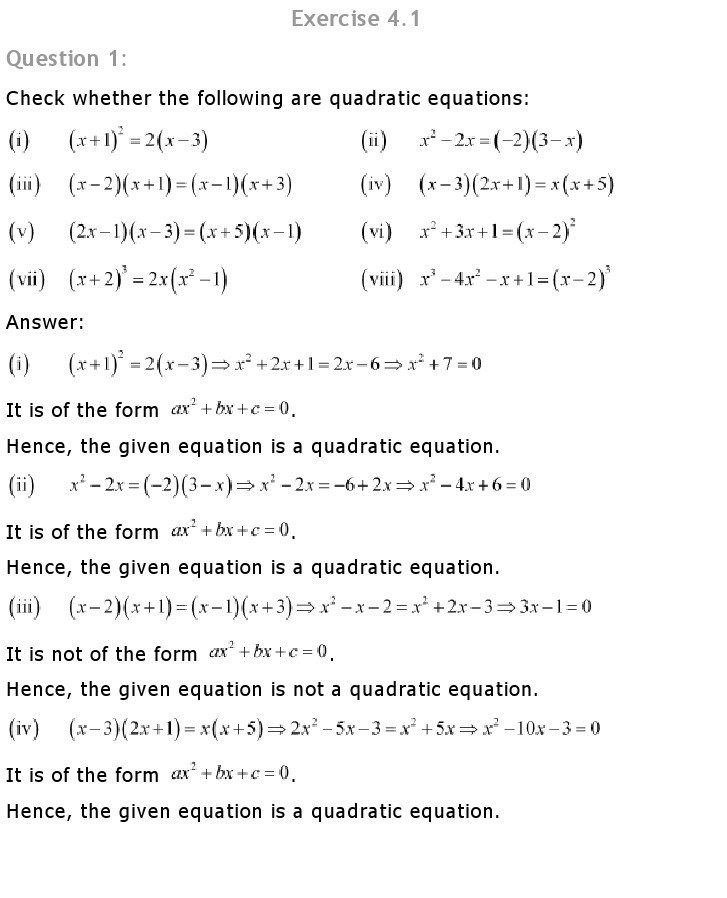 Quadratic Equations Class 10 Mathematics NCERT Solutions