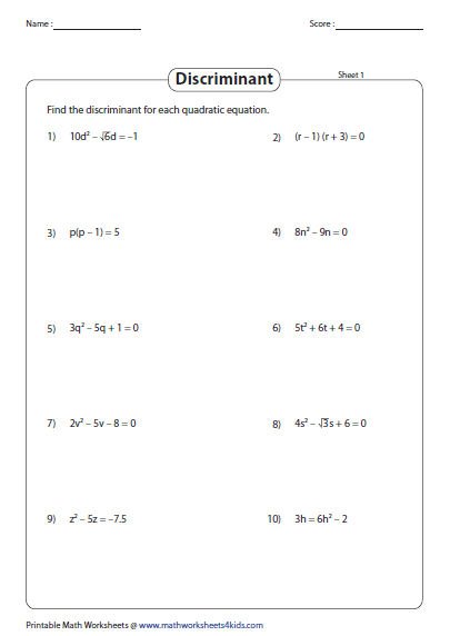 Quadratic Formula Worksheets