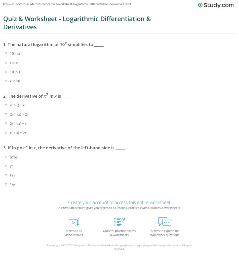 Quiz Worksheet Logarithmic Differentiation Derivatives Study