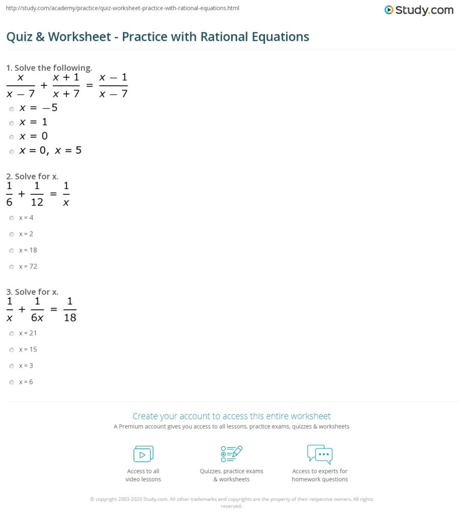 Quiz Worksheet Practice With Rational Equations Study