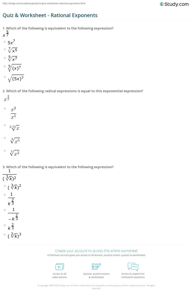 Quiz Worksheet Rational Exponents Study