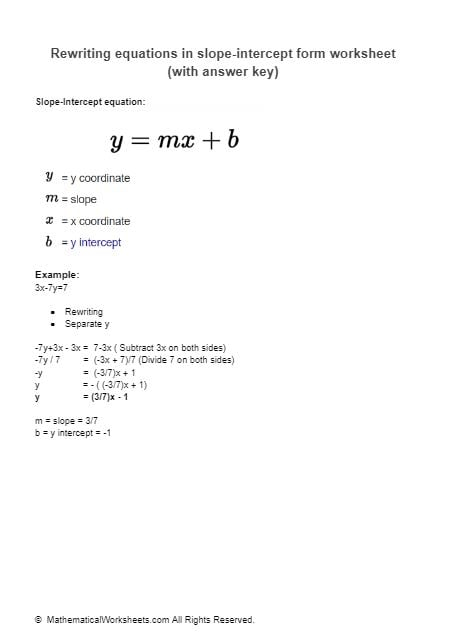 Rewriting Equations In Slope intercept Form Worksheet with Answer Key 