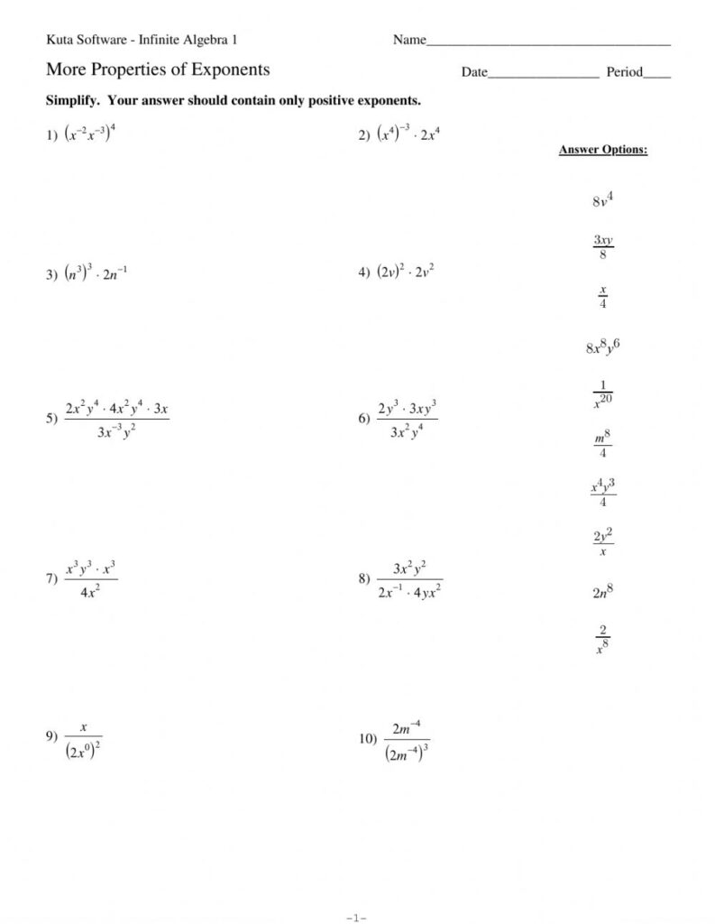 Simplify Exponential Expressions Worksheet