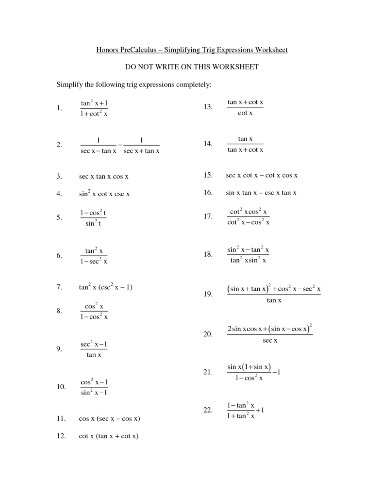 Simplifying Trig Expressions Worksheet Markdrumtracks