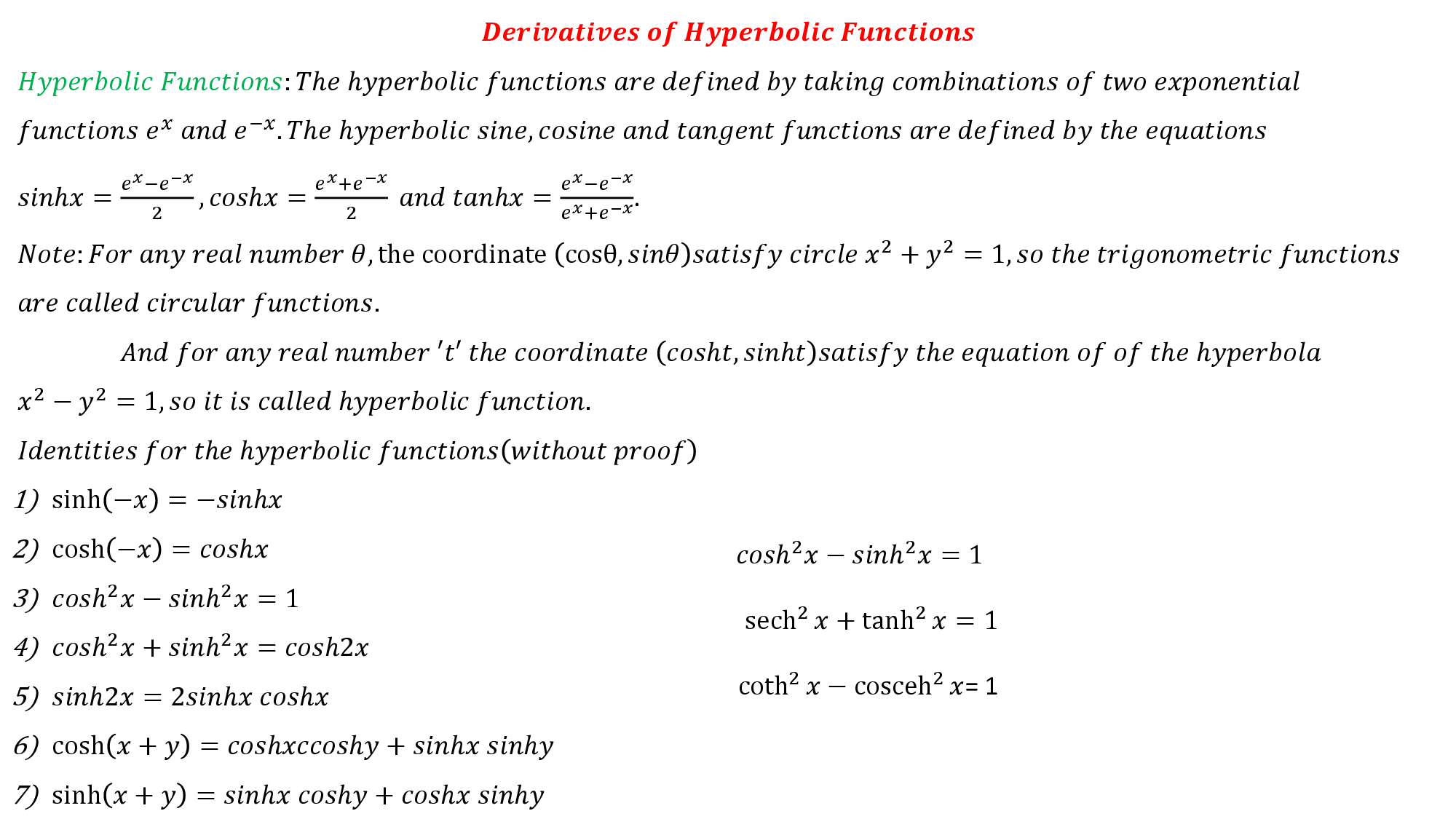 SOLUTION Derivatives Of Hyperbolic Function Studypool