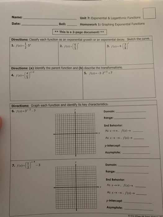 Solved Name Unit 7 Exponential Logarithmic Functions Chegg