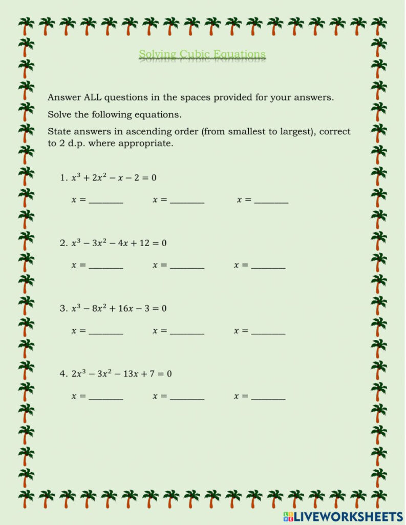 Solving Cubic Equations Worksheet