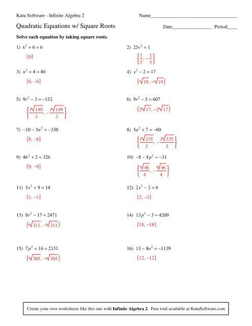 Solving Quadratic Equations With Square Roots Worksheet Kuta Software Joann Durst s 