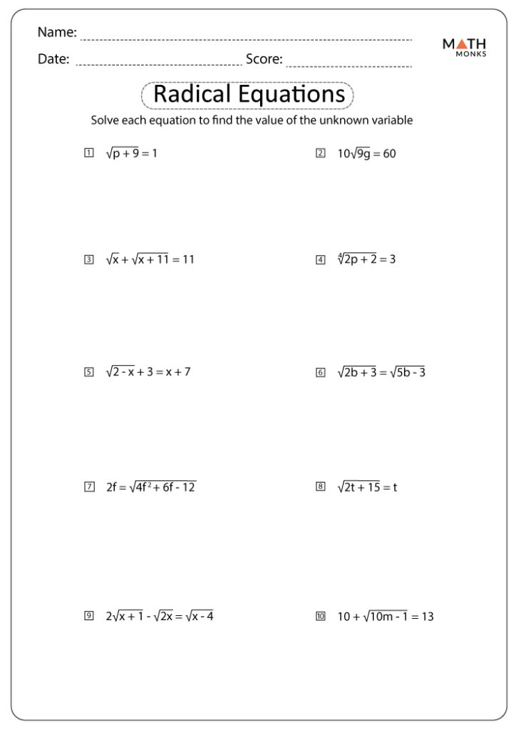 Solving Radical Equations Worksheets Math Monks