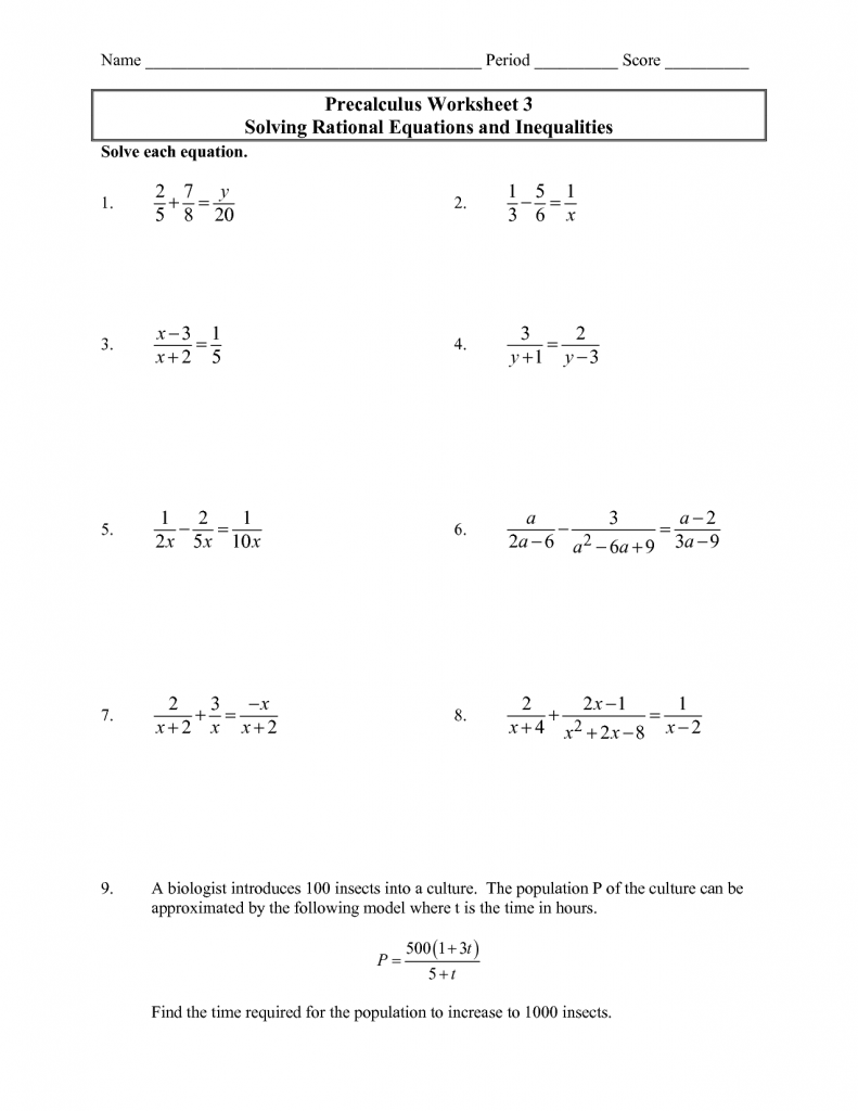 Solving Rational Inequalities Worksheet