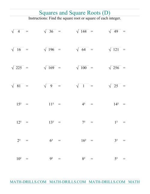 Squares And Square Roots D 