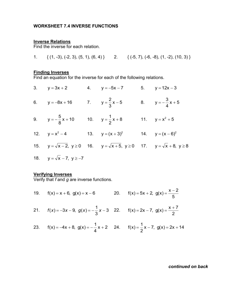 Worksheet 7 4 Inverse Functions Answer Key Function Worksheets