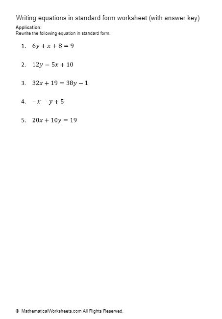 Writing Equations In Standard Form Worksheet with Answer Key 