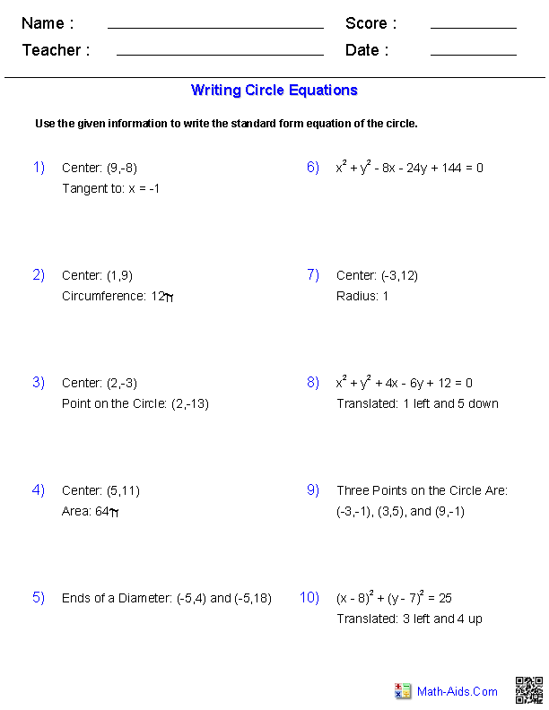 Writing Equations Of Circles Worksheet Answers Worksheet